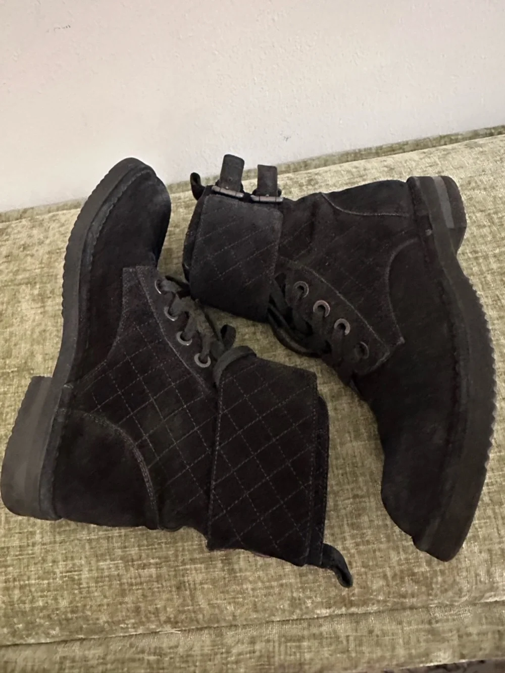 CHANEL Quilted Black Suede Lace Up Combat Flat Moto Short Boots Shoes size 37.5